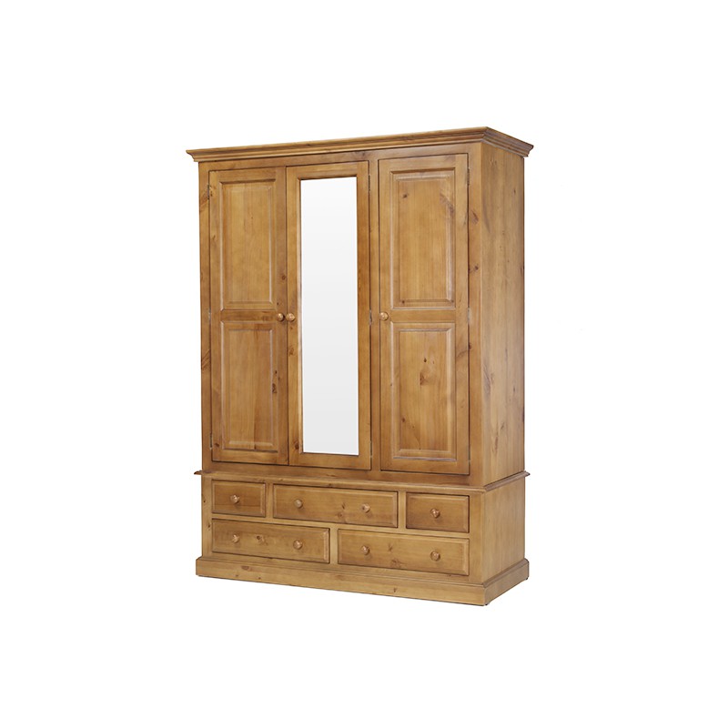 Country Pine Triple Wardrobe with Drawers