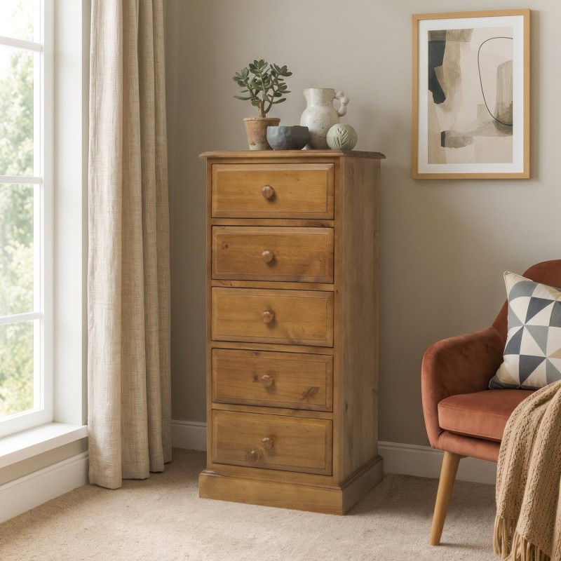 Country Pine 5 Drawer Tall Chest of Drawers