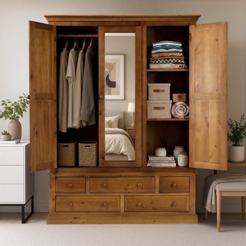 Country Pine Triple Wardrobe with Drawers
