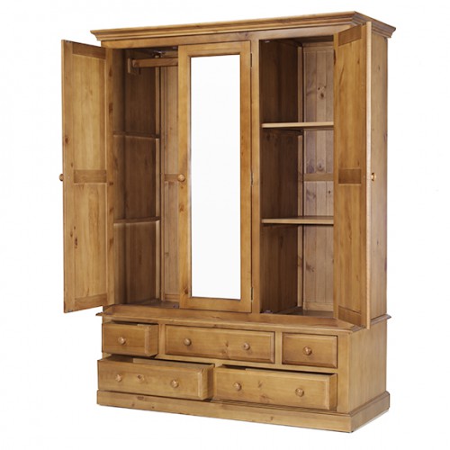 Country Pine Triple Wardrobe with Drawers