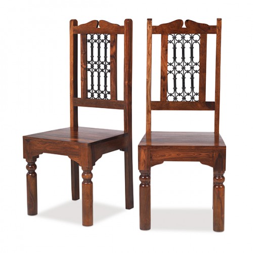 Jali Sheesham High Back Ironwork Dining Chairs Pair Lifestyle Furniture UK