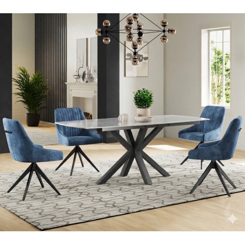 THEO Ceramic Pearla Grey Gloss Extending Dining Table Set With 4 Chairs (120/180cm)
