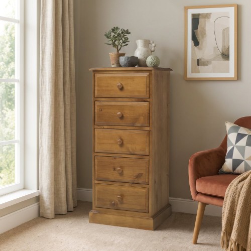 Country Pine 5 Drawer Tall Chest of Drawers