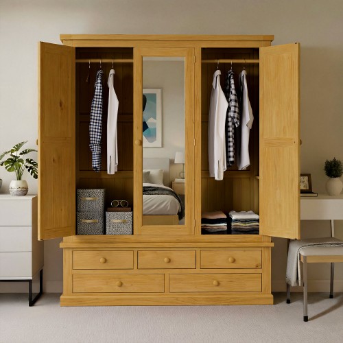 Chunky Pine Triple Wardrobe with Mirror