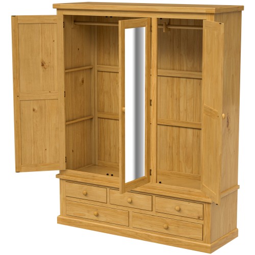 Chunky Pine Triple Wardrobe with Mirror