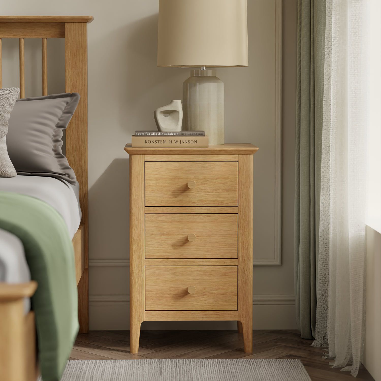 Danbury Oak 3 Drawer Bedside Cabinet