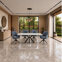 PAOLO Petite Argento Grey Gloss Ceramic Extending Dining Table Set with 4 Chairs (90/120/150cm)